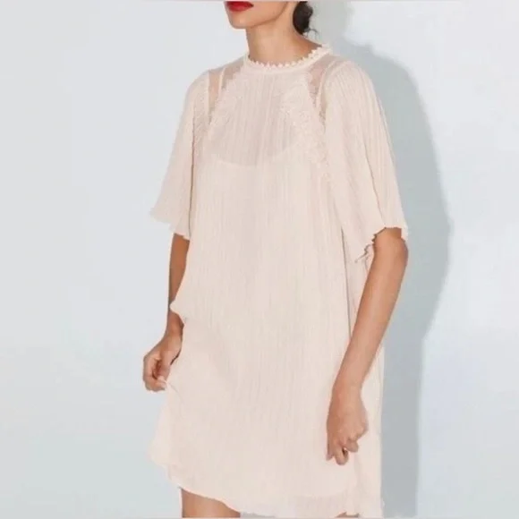 Zara | Dresses | Zara Women Pleated Guipure Lace Accent Dress Blush  Pinkbeige Size L | Poshmark